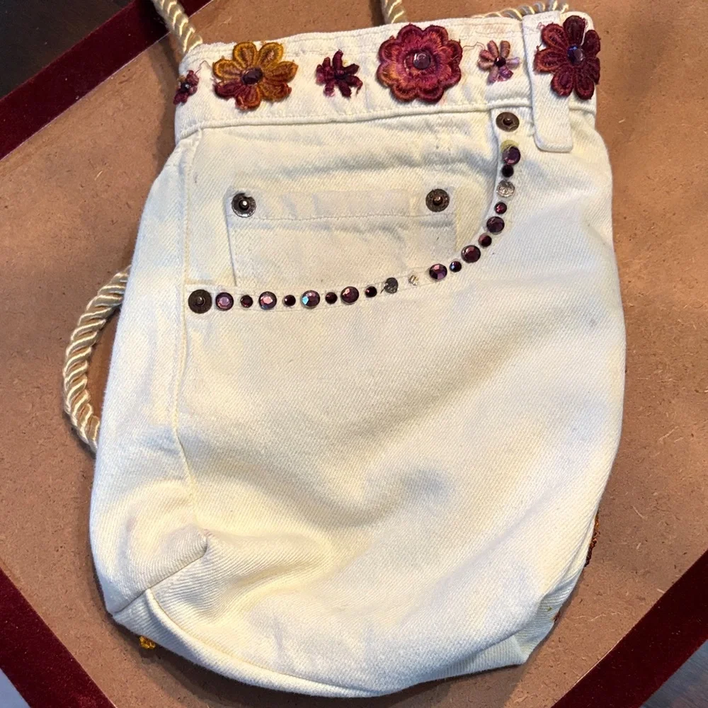 Handmade by Sivia Embroidered Floral and Lace on upcycled denim Shoulder Bag - Picture 2 of 10